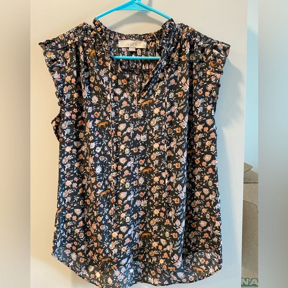 LOFT Black Floral Blouse with Pink Accents